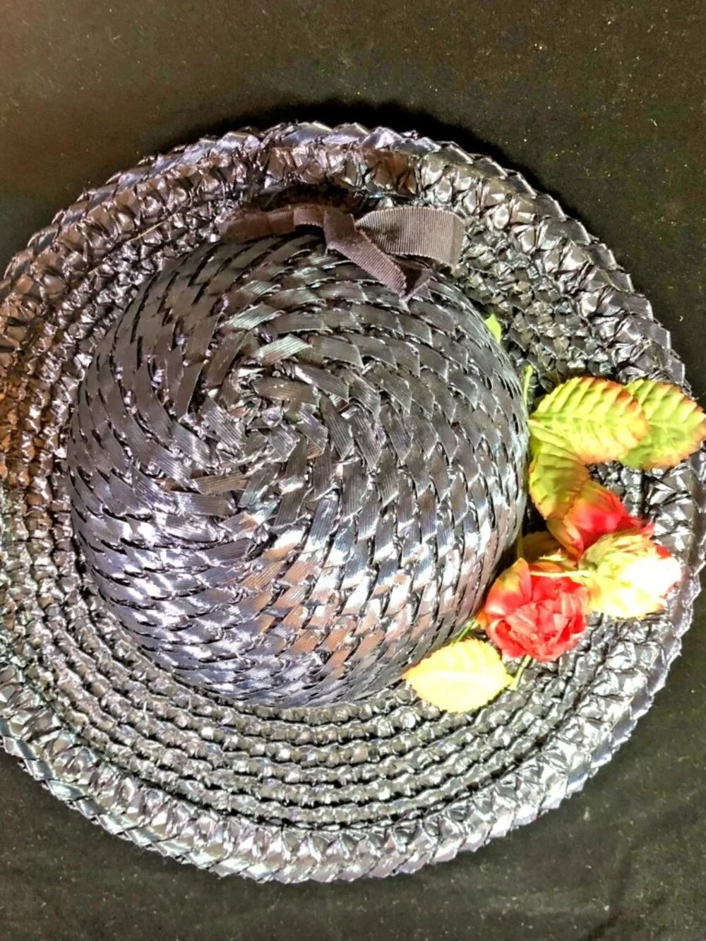 Vtg 50/60s Miss Ruth New York Navy Straw Wide Brim Kentucky Derby Garden Party